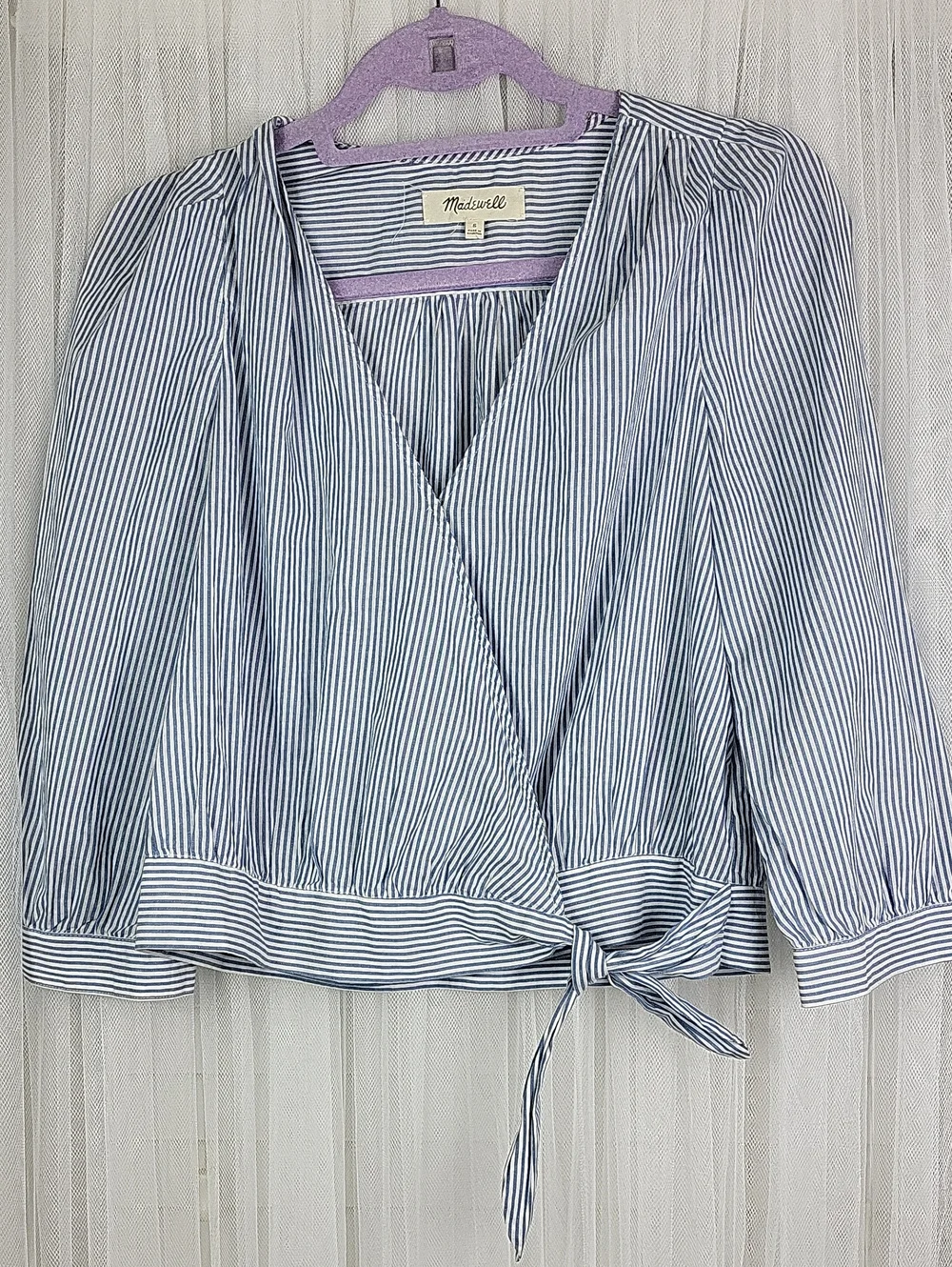 Madewell 100% cotton Navy and White Striped Wrap Blouse with Tie Waist. Size S